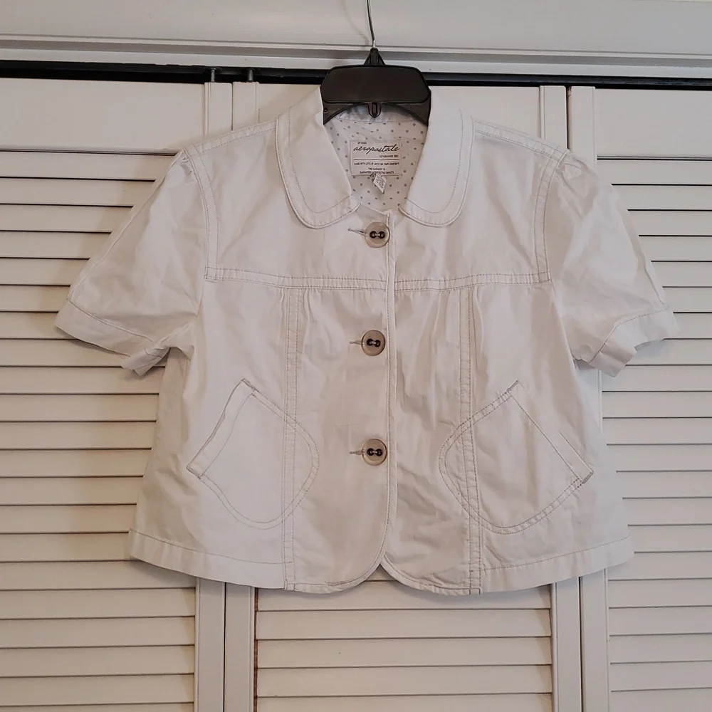 Aeropostale White Short Sleeved Big Button Cotton Jacket, Size Large - Picture 2 of 5